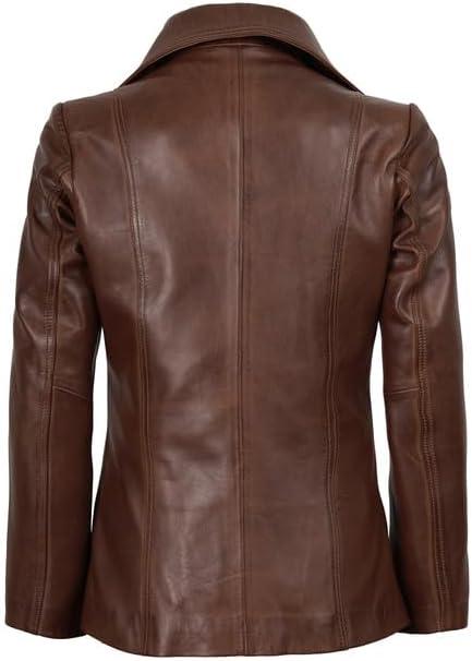 imageDecrum Real Leather Blazer Women Casual Stylish Lambskin Leather Blazer for WomenSurrey Cognac Leather Blazer Women
