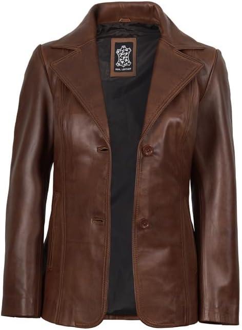 imageDecrum Real Leather Blazer Women Casual Stylish Lambskin Leather Blazer for WomenSurrey Cognac Leather Blazer Women