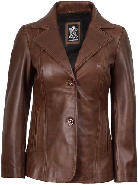 imageDecrum Real Leather Blazer Women Casual Stylish Lambskin Leather Blazer for WomenSurrey Cognac Leather Blazer Women
