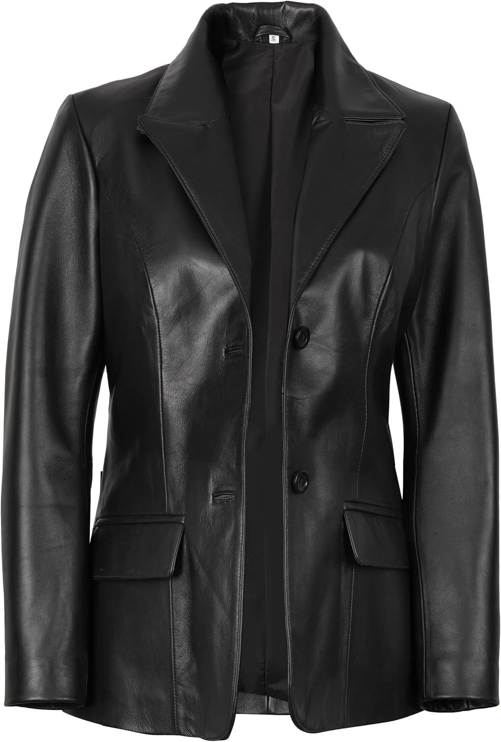 imageDecrum Real Leather Blazer Women Casual Stylish Lambskin Leather Blazer for WomenVicenza Black 2 Button Blazer