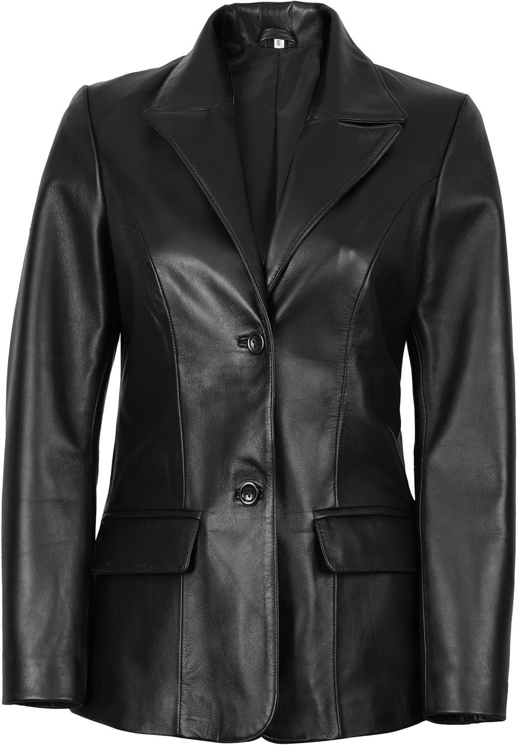 imageDecrum Real Leather Blazer Women Casual Stylish Lambskin Leather Blazer for WomenVicenza Black 2 Button Blazer