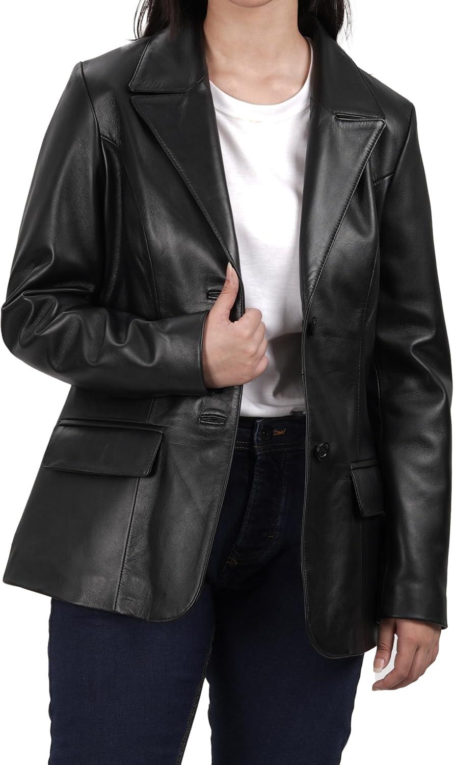 imageDecrum Real Leather Blazer Women Casual Stylish Lambskin Leather Blazer for WomenVicenza Black 2 Button Blazer