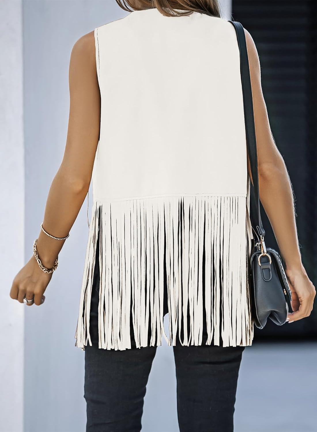 imageDokotoo Womens Fringe Vest 70s Hippie Costume Sleeveless Cowgirl Western Outfits Faux Suede Tassel Leather OuterwearBeige
