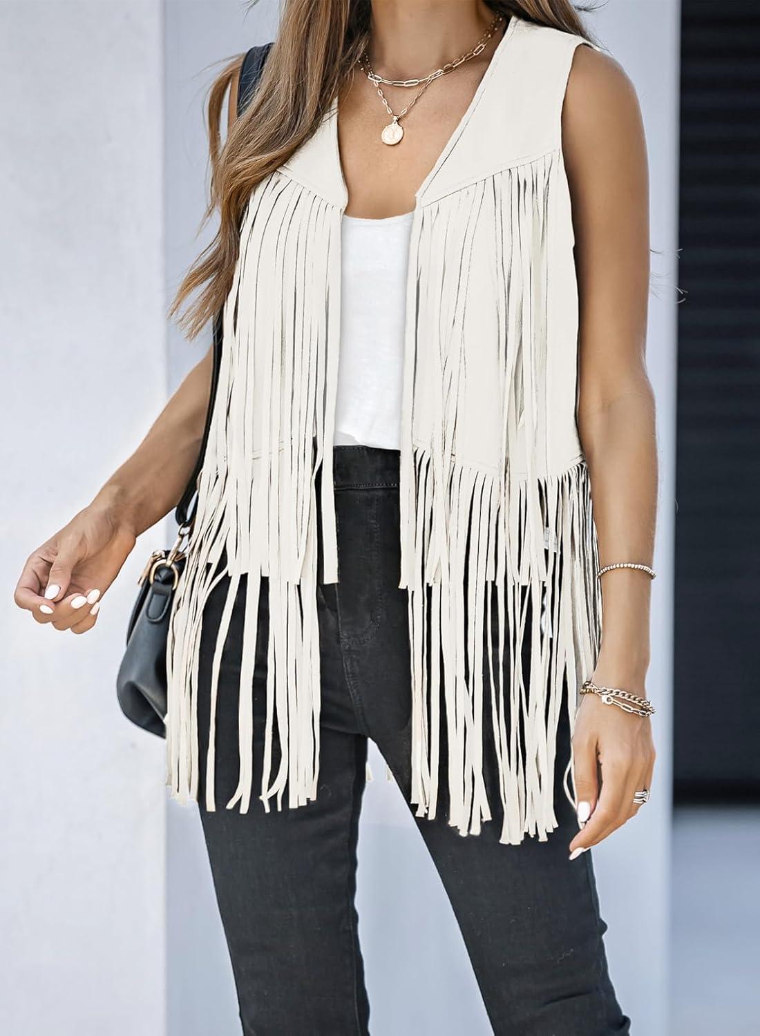 imageDokotoo Womens Fringe Vest 70s Hippie Costume Sleeveless Cowgirl Western Outfits Faux Suede Tassel Leather OuterwearBeige