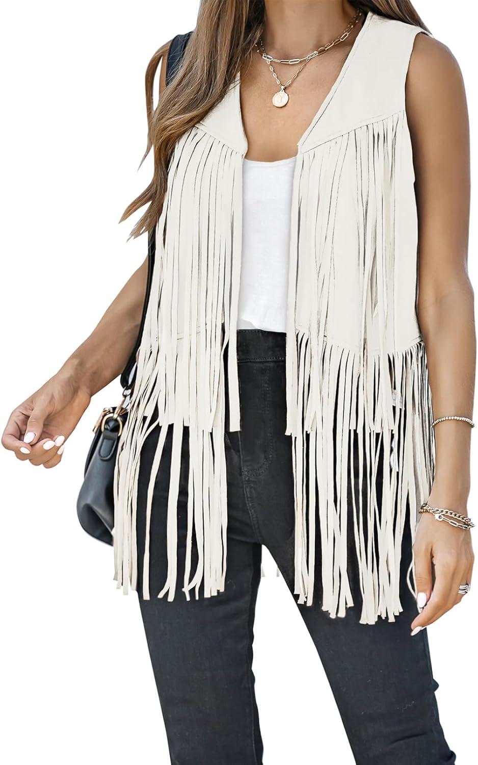 imageDokotoo Womens Fringe Vest 70s Hippie Costume Sleeveless Cowgirl Western Outfits Faux Suede Tassel Leather OuterwearBeige