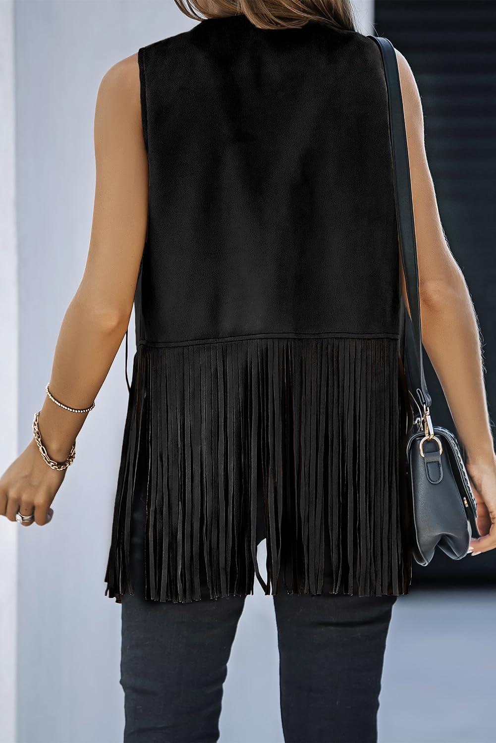 imageDokotoo Womens Fringe Vest 70s Hippie Costume Sleeveless Cowgirl Western Outfits Faux Suede Tassel Leather OuterwearBlack