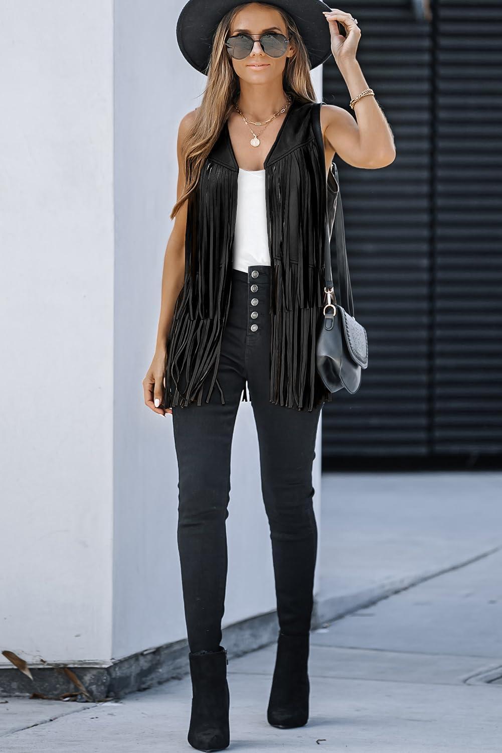 imageDokotoo Womens Fringe Vest 70s Hippie Costume Sleeveless Cowgirl Western Outfits Faux Suede Tassel Leather OuterwearBlack