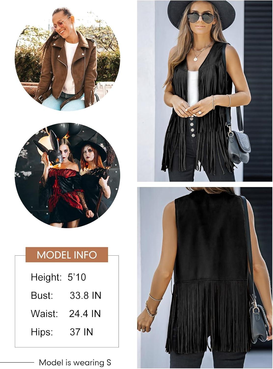 imageDokotoo Womens Fringe Vest 70s Hippie Costume Sleeveless Cowgirl Western Outfits Faux Suede Tassel Leather OuterwearBlack