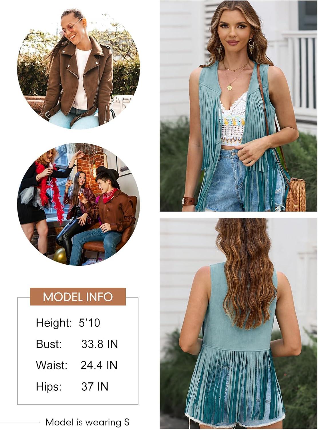 imageDokotoo Womens Fringe Vest 70s Hippie Costume Sleeveless Cowgirl Western Outfits Faux Suede Tassel Leather OuterwearBlue