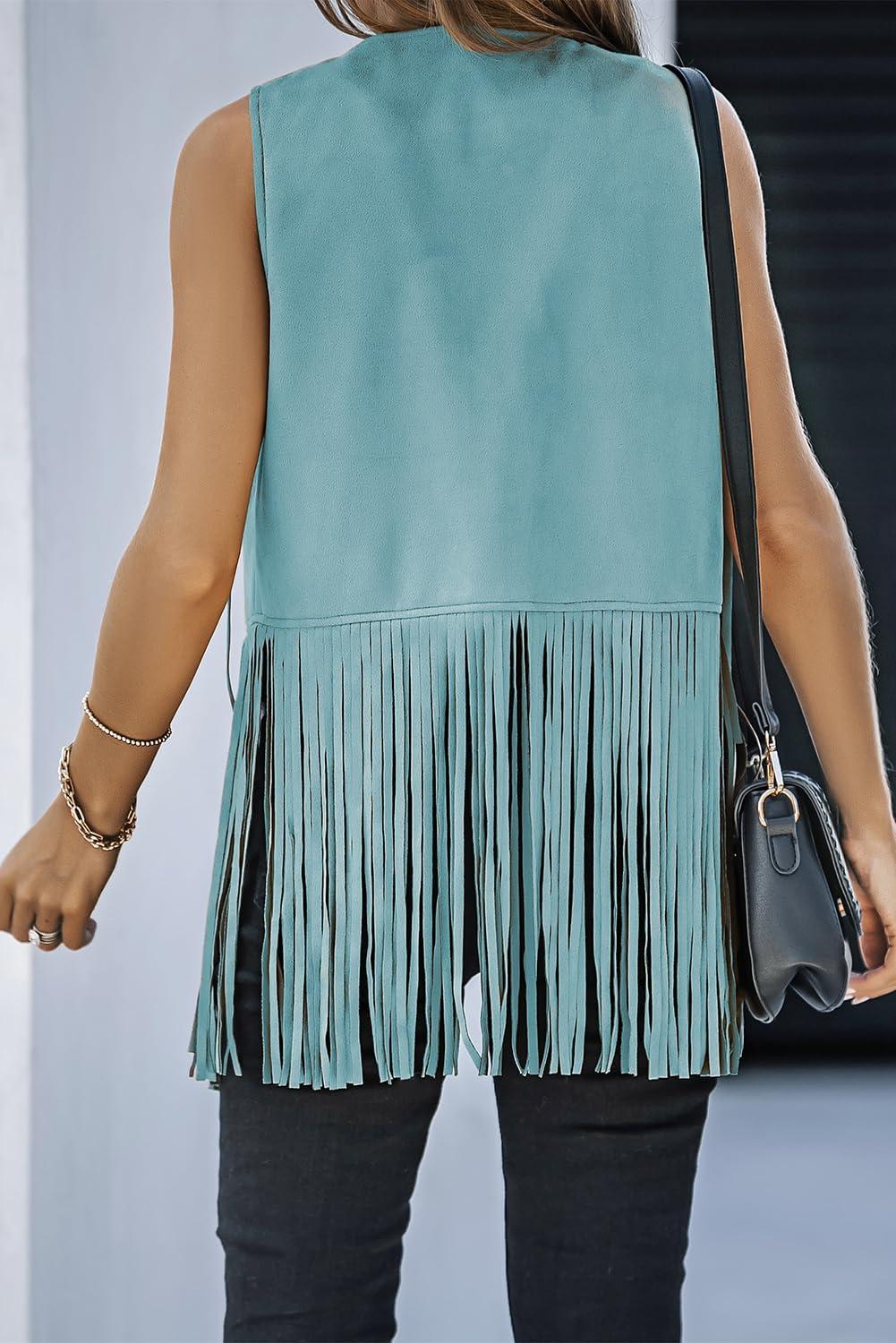 imageDokotoo Womens Fringe Vest 70s Hippie Costume Sleeveless Cowgirl Western Outfits Faux Suede Tassel Leather OuterwearBlue
