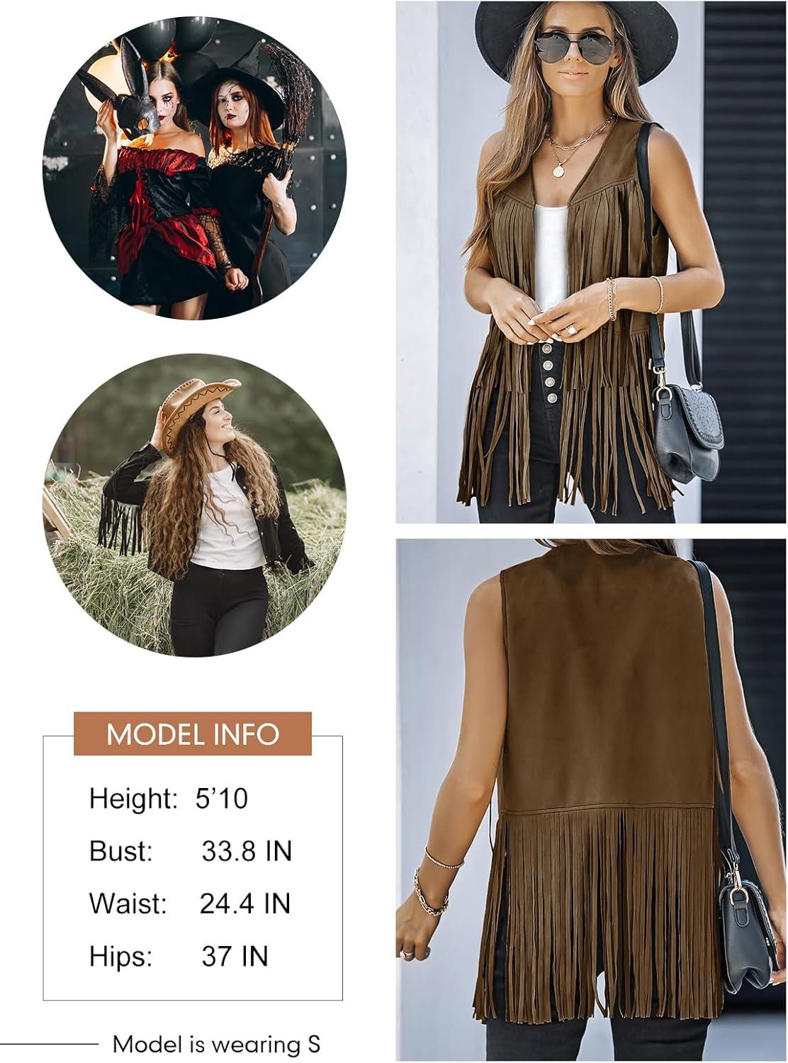 imageDokotoo Womens Fringe Vest 70s Hippie Costume Sleeveless Cowgirl Western Outfits Faux Suede Tassel Leather OuterwearBrown
