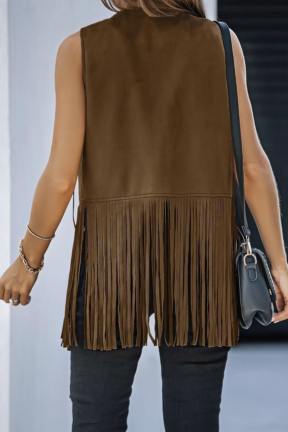 imageDokotoo Womens Fringe Vest 70s Hippie Costume Sleeveless Cowgirl Western Outfits Faux Suede Tassel Leather OuterwearBrown