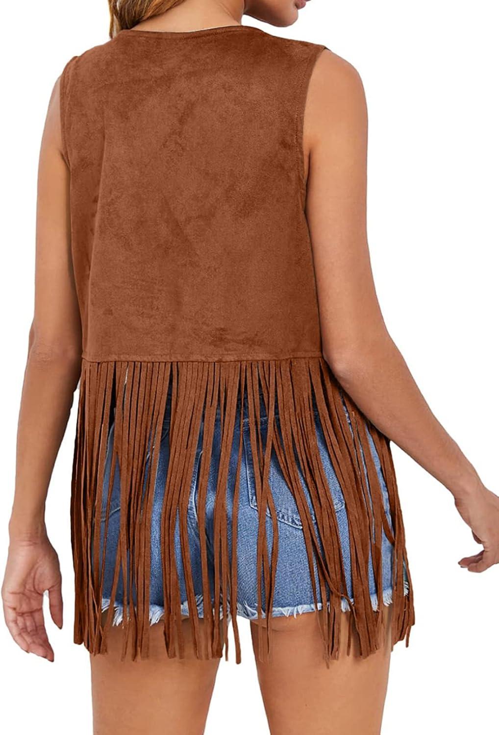 imageDokotoo Womens Fringe Vest 70s Hippie Costume Sleeveless Cowgirl Western Outfits Faux Suede Tassel Leather OuterwearCinnamon