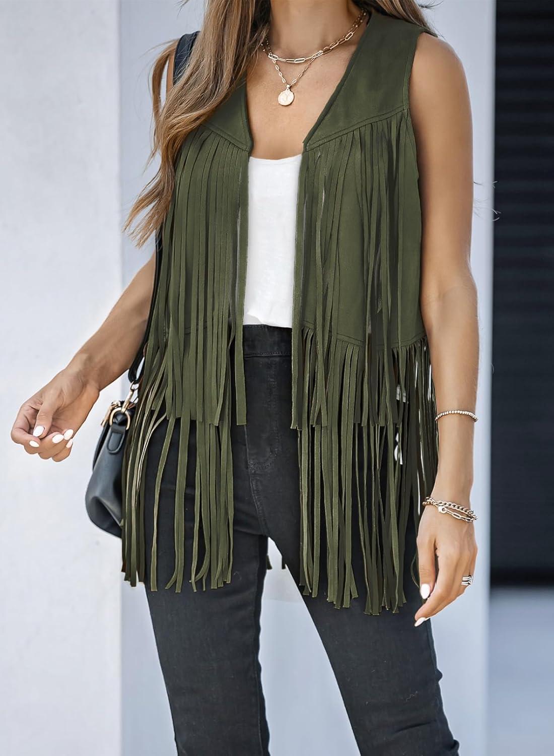 imageDokotoo Womens Fringe Vest 70s Hippie Costume Sleeveless Cowgirl Western Outfits Faux Suede Tassel Leather OuterwearGreen