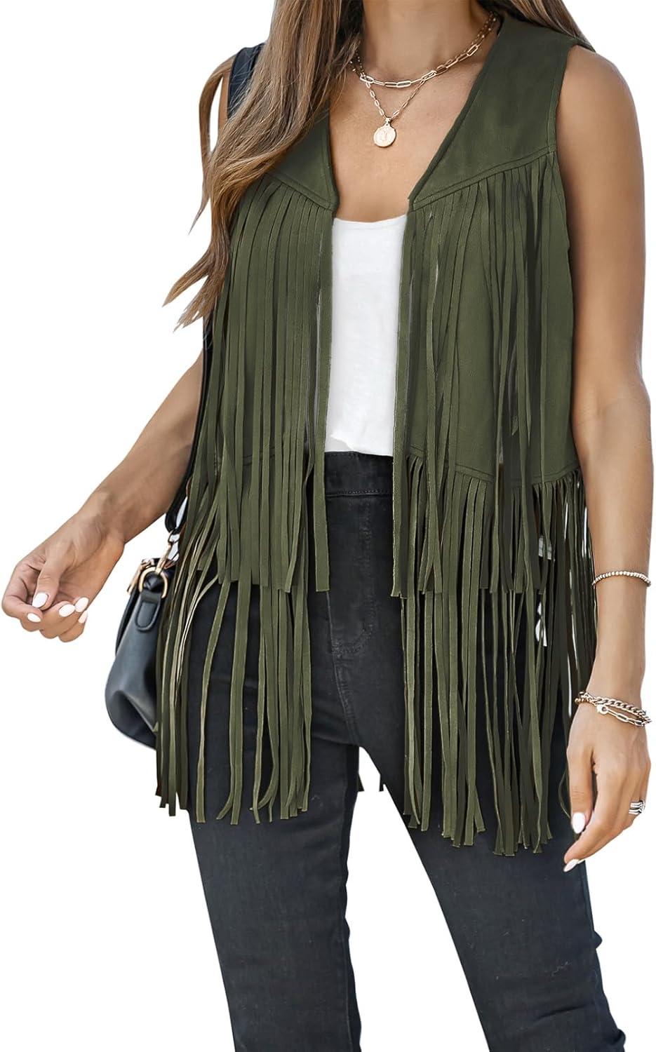 imageDokotoo Womens Fringe Vest 70s Hippie Costume Sleeveless Cowgirl Western Outfits Faux Suede Tassel Leather OuterwearGreen