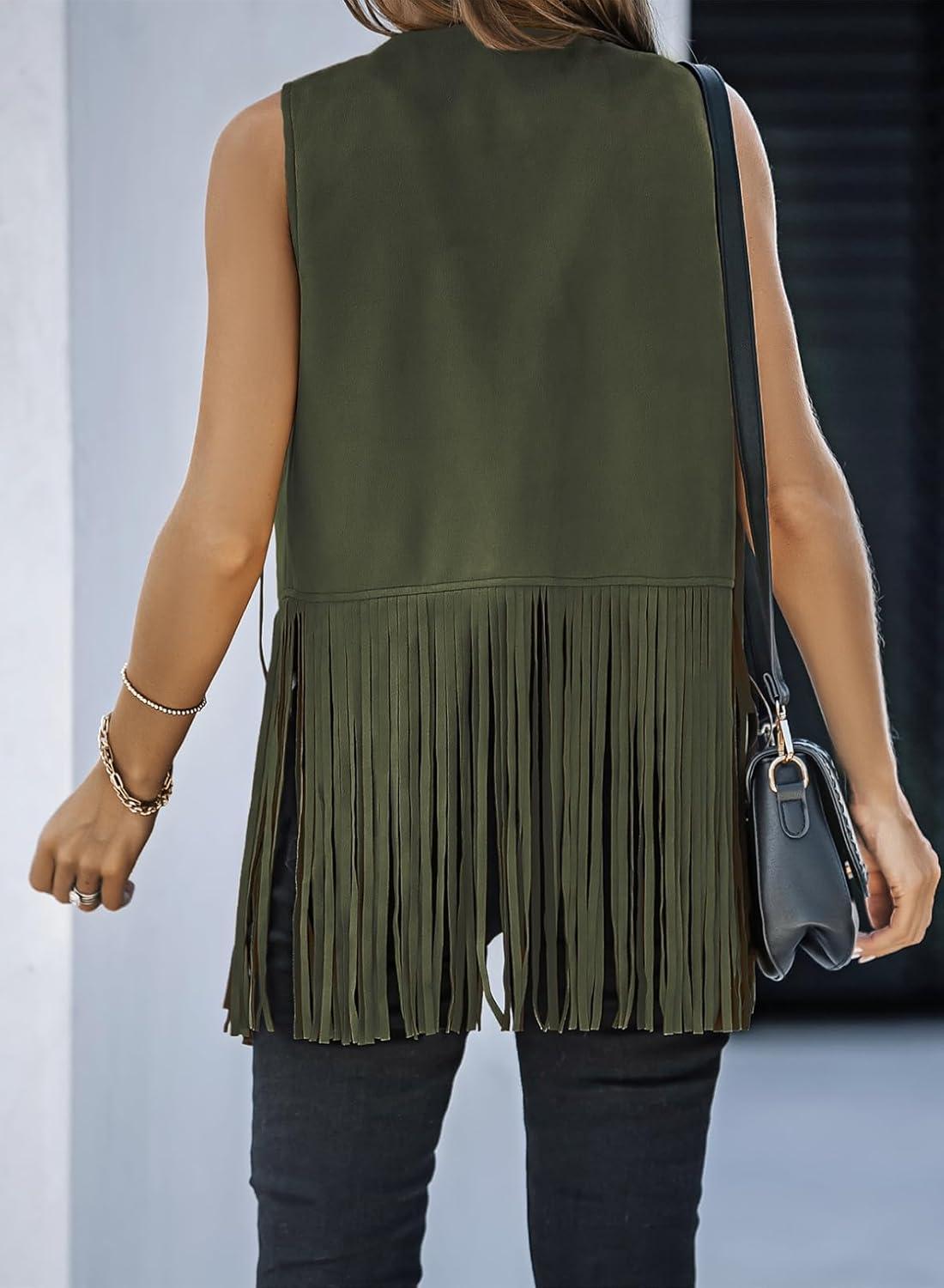 imageDokotoo Womens Fringe Vest 70s Hippie Costume Sleeveless Cowgirl Western Outfits Faux Suede Tassel Leather OuterwearGreen