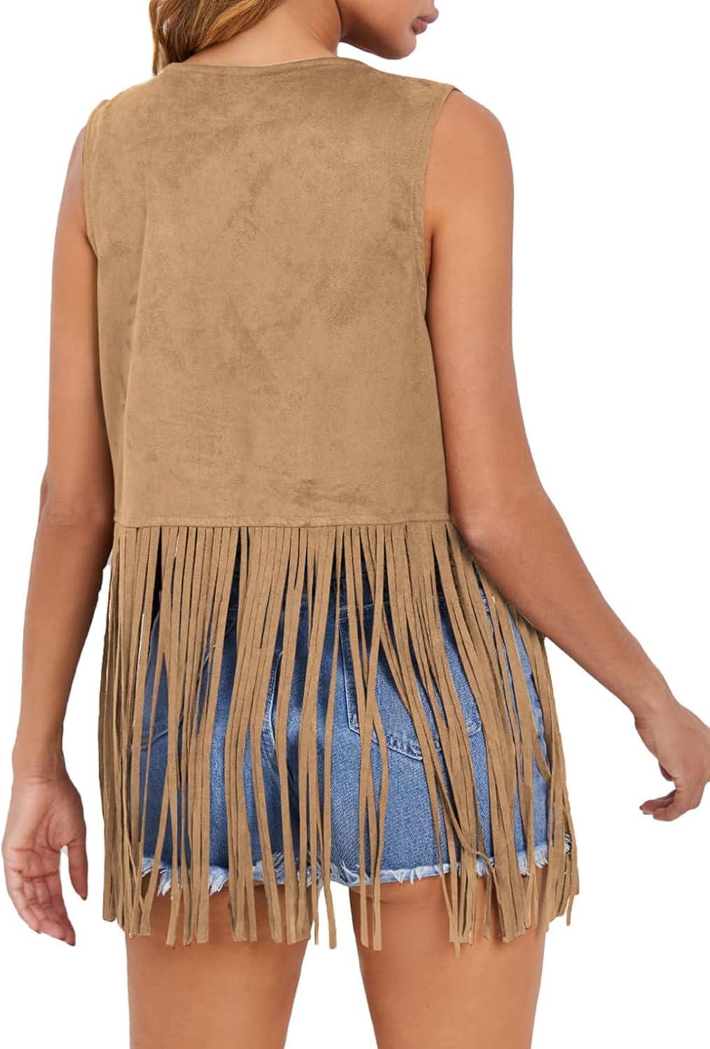 imageDokotoo Womens Fringe Vest 70s Hippie Costume Sleeveless Cowgirl Western Outfits Faux Suede Tassel Leather OuterwearKhaki