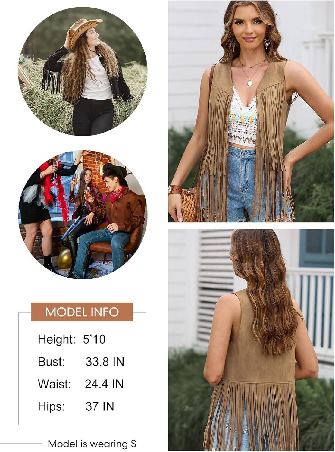 imageDokotoo Womens Fringe Vest 70s Hippie Costume Sleeveless Cowgirl Western Outfits Faux Suede Tassel Leather OuterwearKhaki