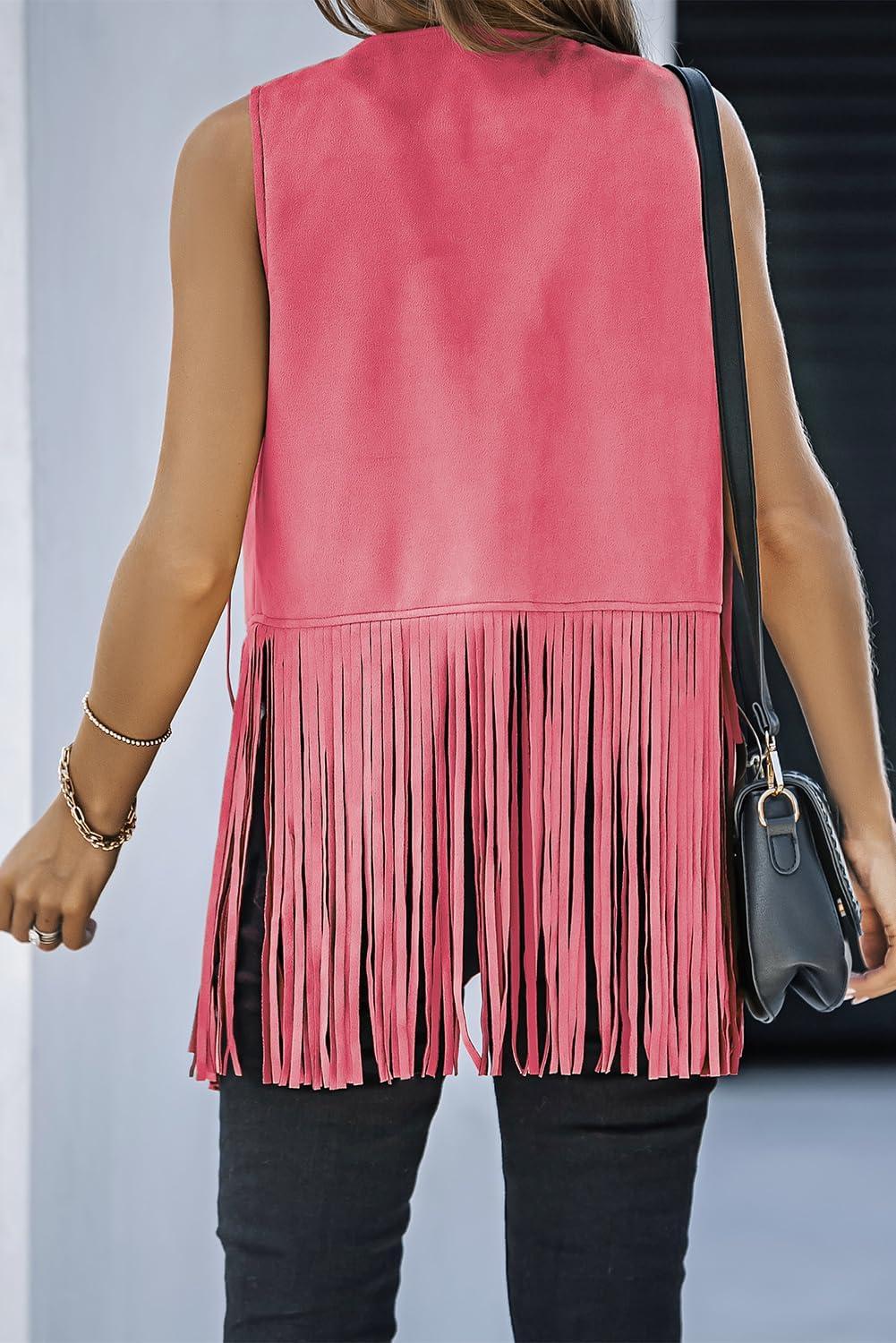 imageDokotoo Womens Fringe Vest 70s Hippie Costume Sleeveless Cowgirl Western Outfits Faux Suede Tassel Leather OuterwearPink