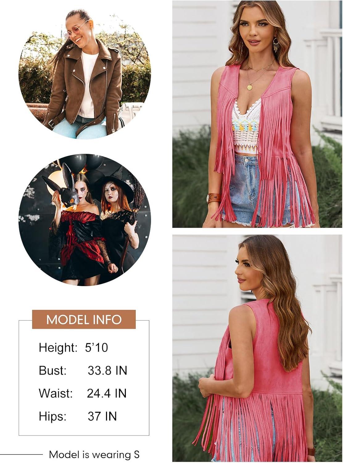 imageDokotoo Womens Fringe Vest 70s Hippie Costume Sleeveless Cowgirl Western Outfits Faux Suede Tassel Leather OuterwearPink
