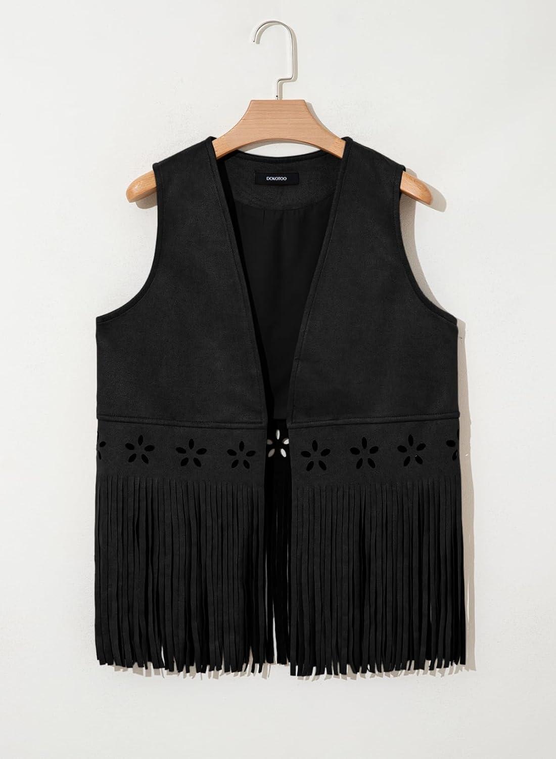 imageDokotoo Womens Fringe Vest Cowgirl Western Outfits 70s Hippie Costume Sleeveless Hollow Out Faux Suede Tassel OuterwearBlack