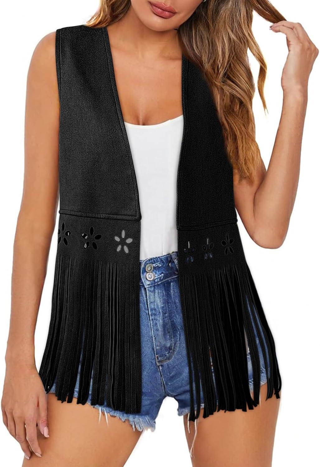 imageDokotoo Womens Fringe Vest Cowgirl Western Outfits 70s Hippie Costume Sleeveless Hollow Out Faux Suede Tassel OuterwearBlack