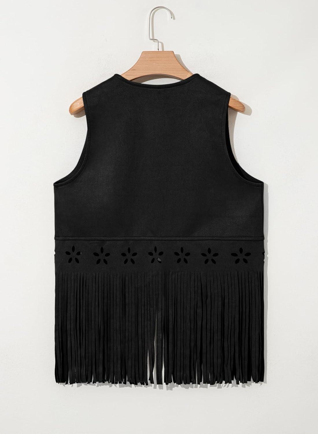 imageDokotoo Womens Fringe Vest Cowgirl Western Outfits 70s Hippie Costume Sleeveless Hollow Out Faux Suede Tassel OuterwearBlack