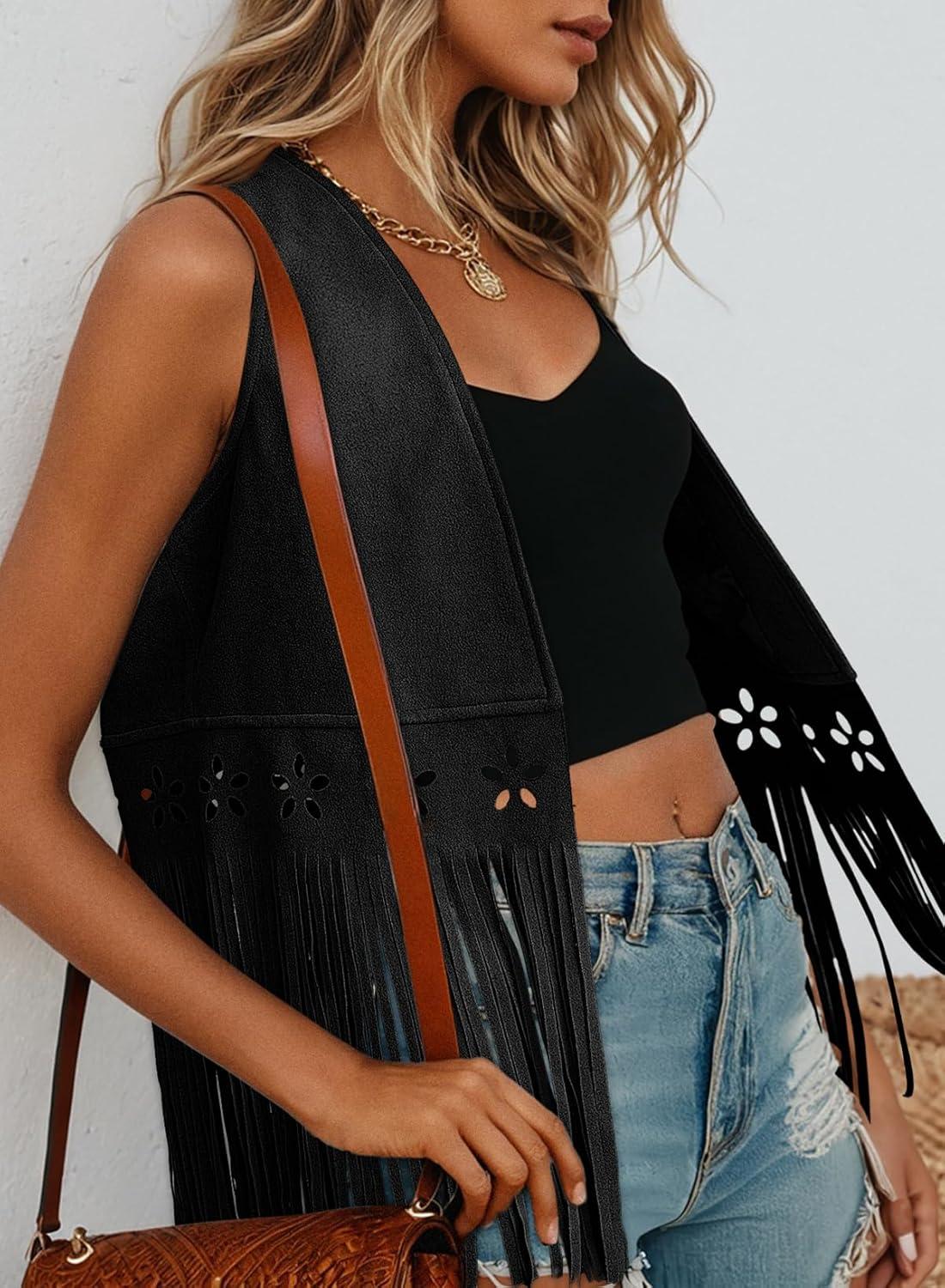 imageDokotoo Womens Fringe Vest Cowgirl Western Outfits 70s Hippie Costume Sleeveless Hollow Out Faux Suede Tassel OuterwearBlack