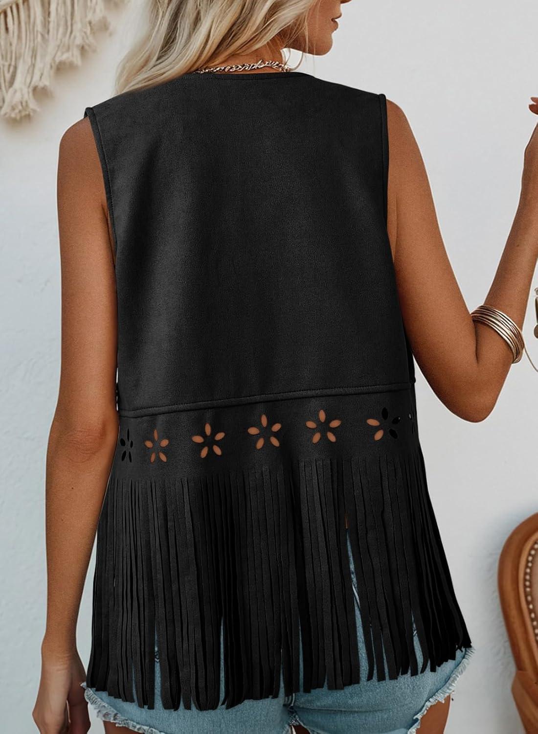 imageDokotoo Womens Fringe Vest Cowgirl Western Outfits 70s Hippie Costume Sleeveless Hollow Out Faux Suede Tassel OuterwearBlack