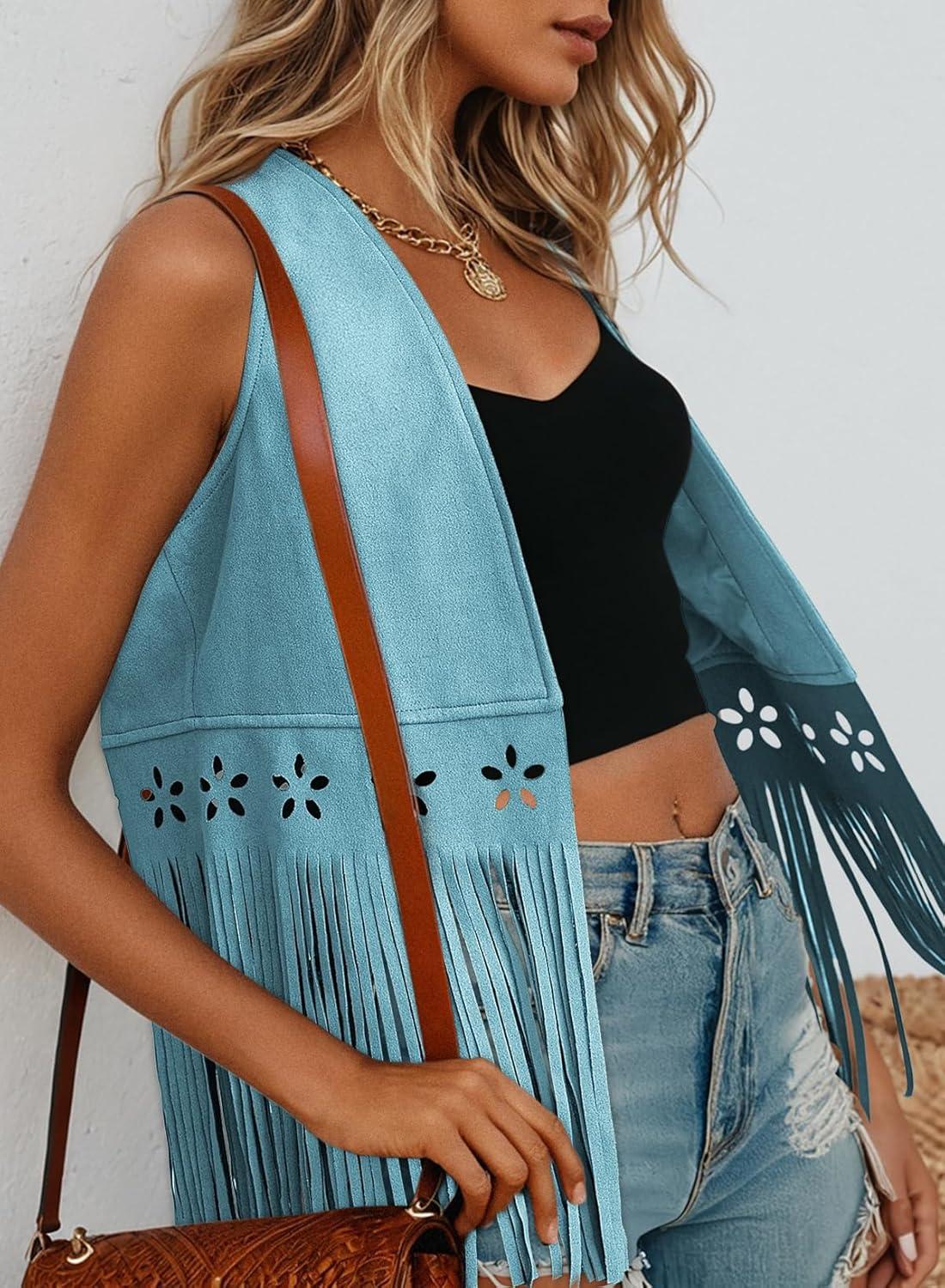 imageDokotoo Womens Fringe Vest Cowgirl Western Outfits 70s Hippie Costume Sleeveless Hollow Out Faux Suede Tassel OuterwearBlue