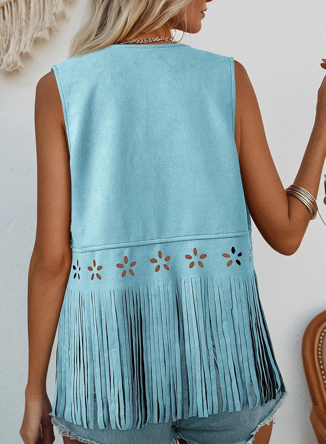 imageDokotoo Womens Fringe Vest Cowgirl Western Outfits 70s Hippie Costume Sleeveless Hollow Out Faux Suede Tassel OuterwearBlue