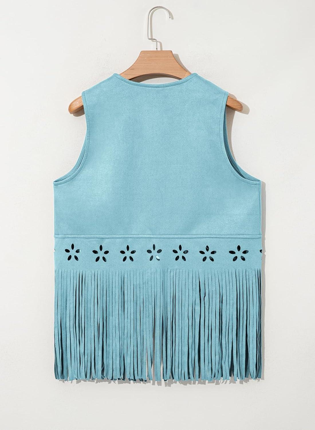 imageDokotoo Womens Fringe Vest Cowgirl Western Outfits 70s Hippie Costume Sleeveless Hollow Out Faux Suede Tassel OuterwearBlue