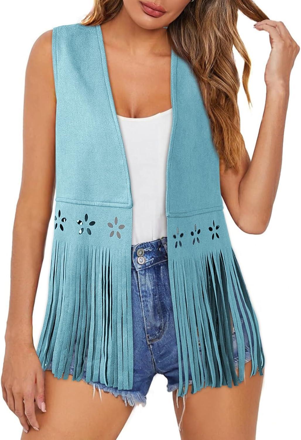 imageDokotoo Womens Fringe Vest Cowgirl Western Outfits 70s Hippie Costume Sleeveless Hollow Out Faux Suede Tassel OuterwearBlue