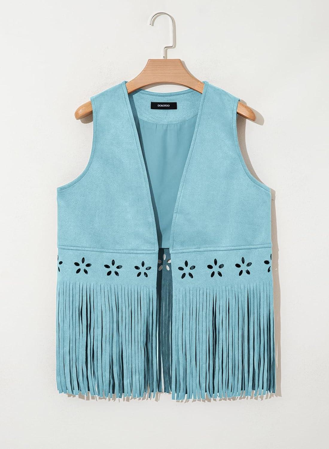 imageDokotoo Womens Fringe Vest Cowgirl Western Outfits 70s Hippie Costume Sleeveless Hollow Out Faux Suede Tassel OuterwearBlue