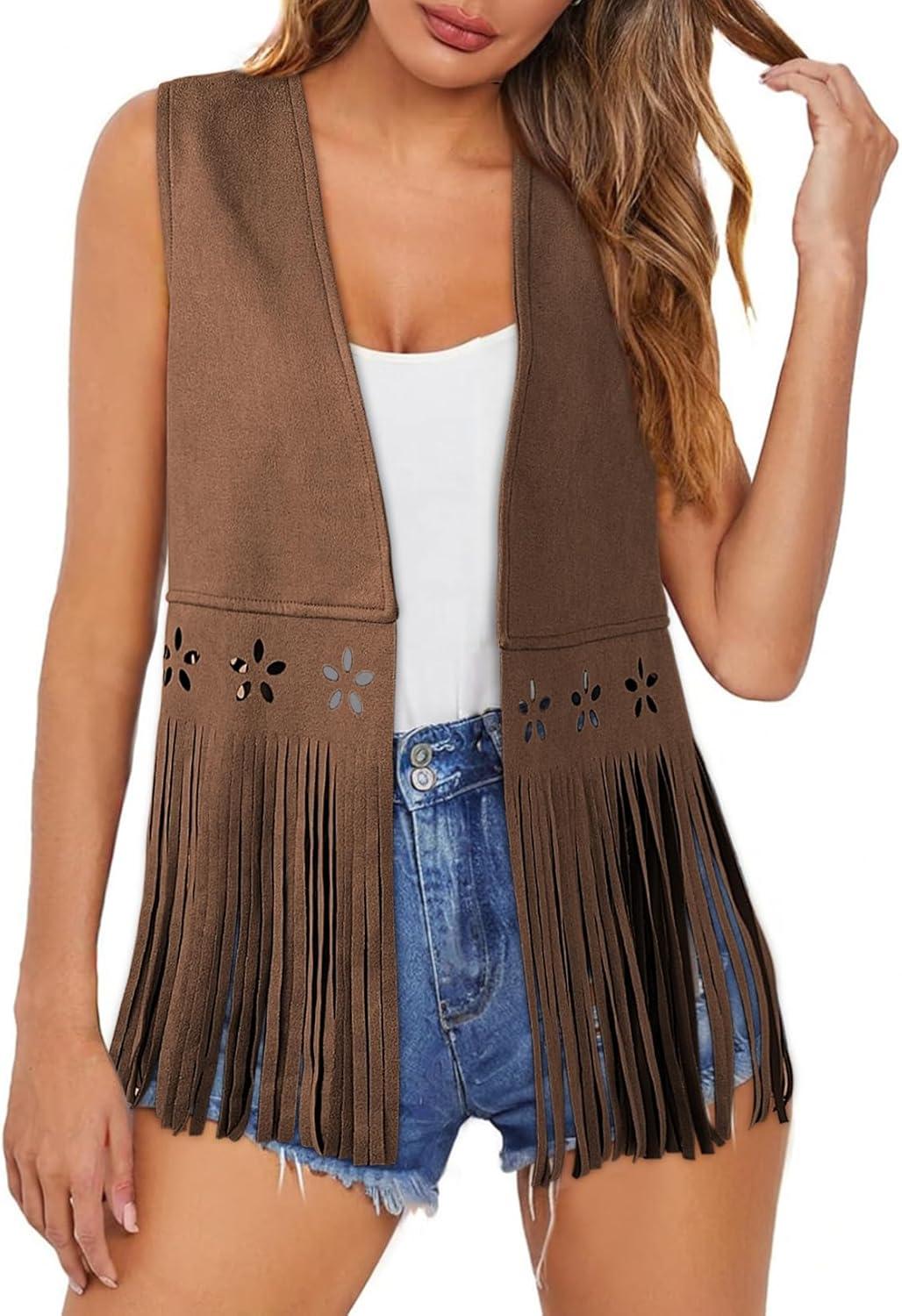 imageDokotoo Womens Fringe Vest Cowgirl Western Outfits 70s Hippie Costume Sleeveless Hollow Out Faux Suede Tassel OuterwearBrown