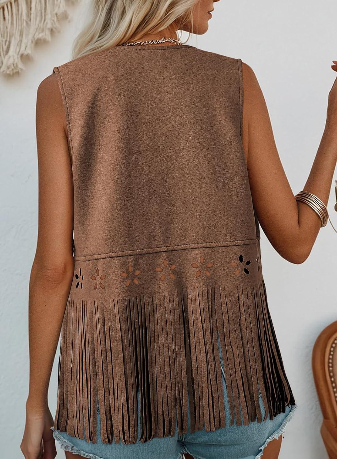 imageDokotoo Womens Fringe Vest Cowgirl Western Outfits 70s Hippie Costume Sleeveless Hollow Out Faux Suede Tassel OuterwearBrown
