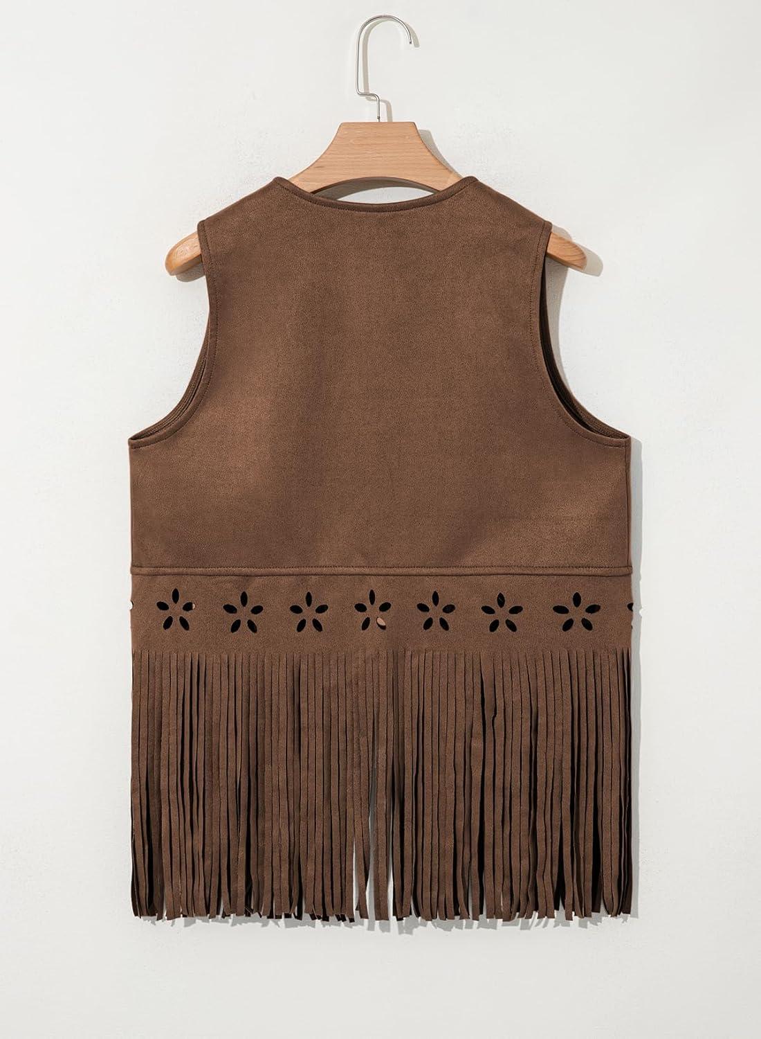 imageDokotoo Womens Fringe Vest Cowgirl Western Outfits 70s Hippie Costume Sleeveless Hollow Out Faux Suede Tassel OuterwearBrown