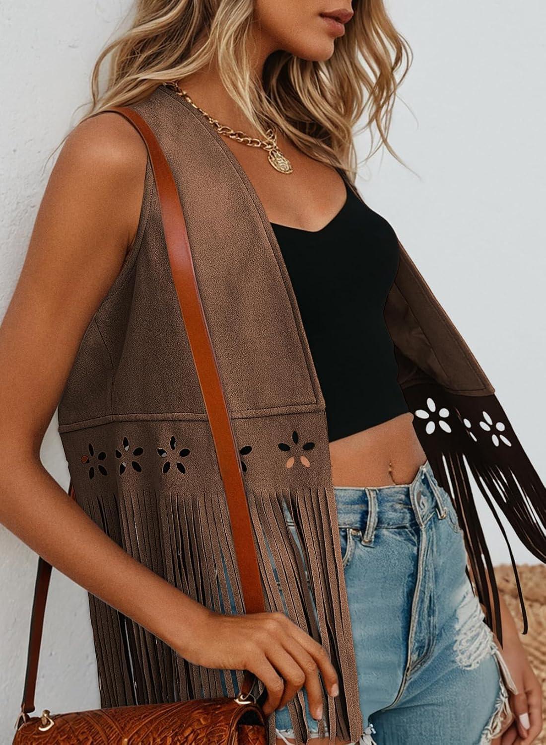 imageDokotoo Womens Fringe Vest Cowgirl Western Outfits 70s Hippie Costume Sleeveless Hollow Out Faux Suede Tassel OuterwearBrown