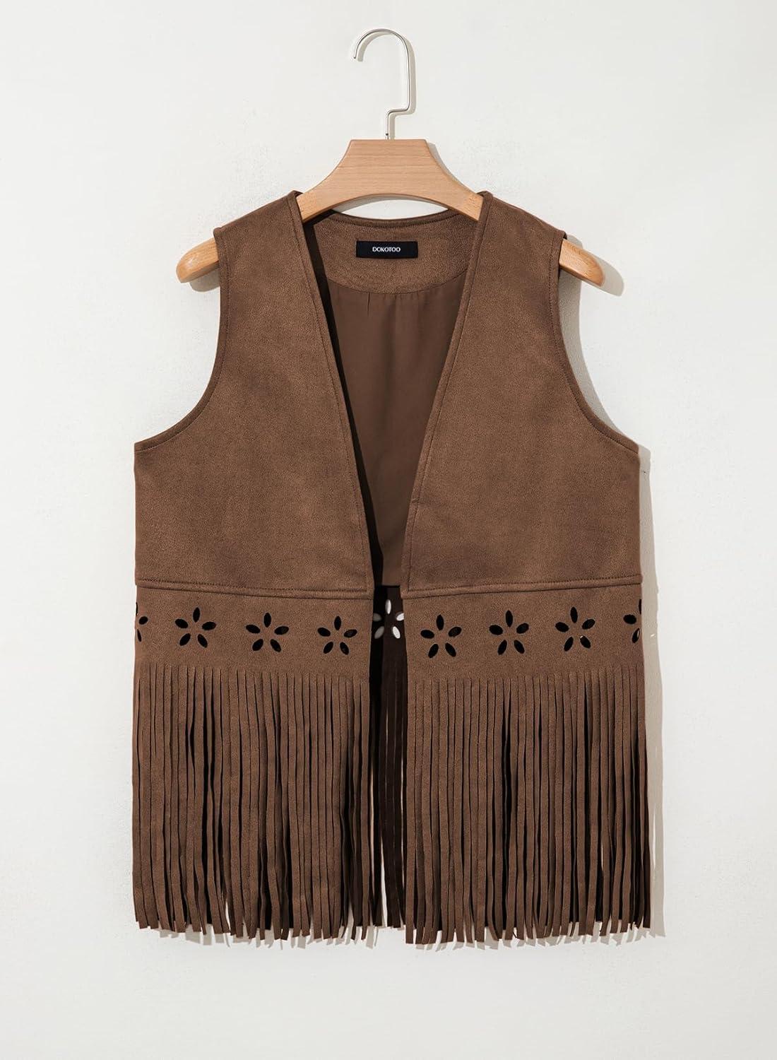 imageDokotoo Womens Fringe Vest Cowgirl Western Outfits 70s Hippie Costume Sleeveless Hollow Out Faux Suede Tassel OuterwearBrown
