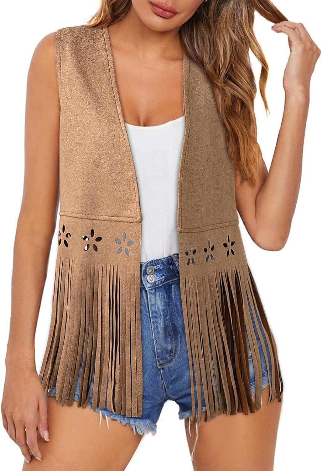 imageDokotoo Womens Fringe Vest Cowgirl Western Outfits 70s Hippie Costume Sleeveless Hollow Out Faux Suede Tassel OuterwearKhaki