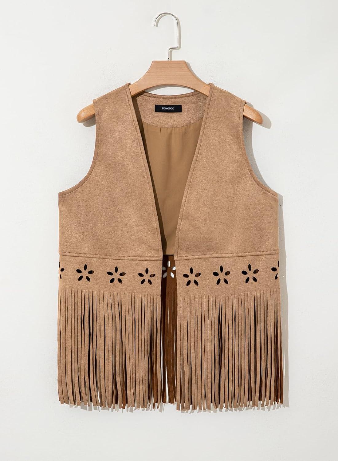 imageDokotoo Womens Fringe Vest Cowgirl Western Outfits 70s Hippie Costume Sleeveless Hollow Out Faux Suede Tassel OuterwearKhaki