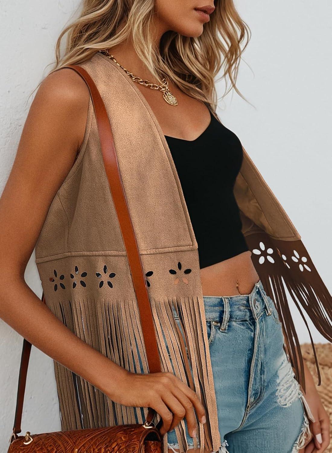 imageDokotoo Womens Fringe Vest Cowgirl Western Outfits 70s Hippie Costume Sleeveless Hollow Out Faux Suede Tassel OuterwearKhaki
