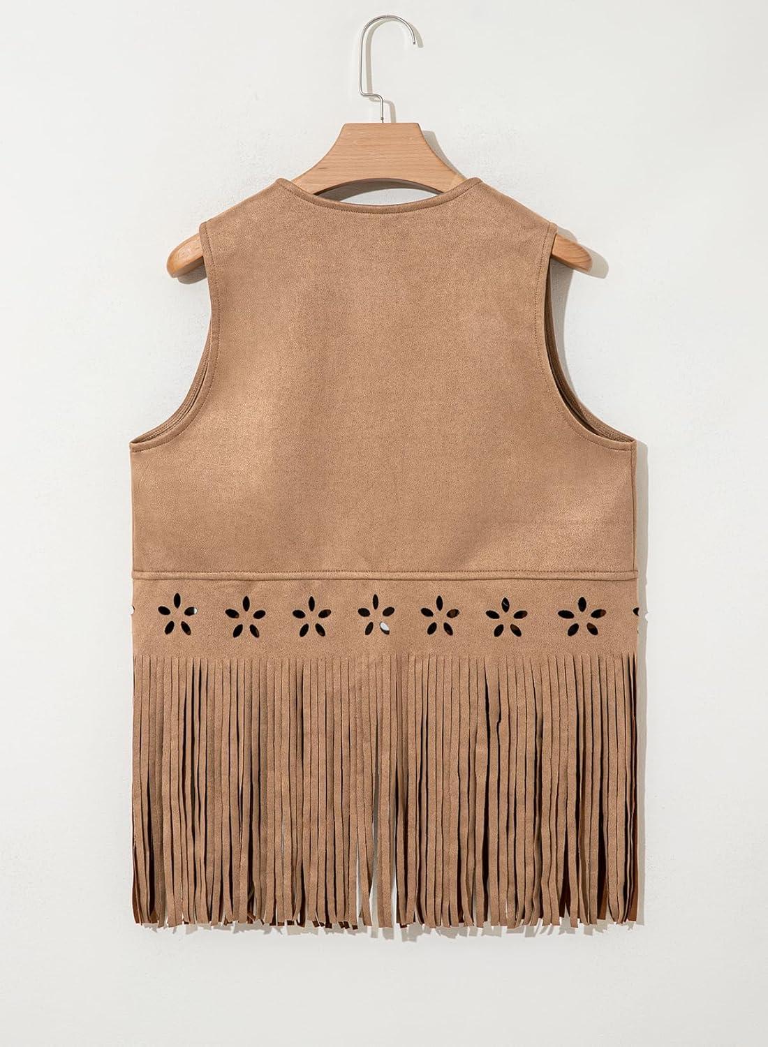 imageDokotoo Womens Fringe Vest Cowgirl Western Outfits 70s Hippie Costume Sleeveless Hollow Out Faux Suede Tassel OuterwearKhaki