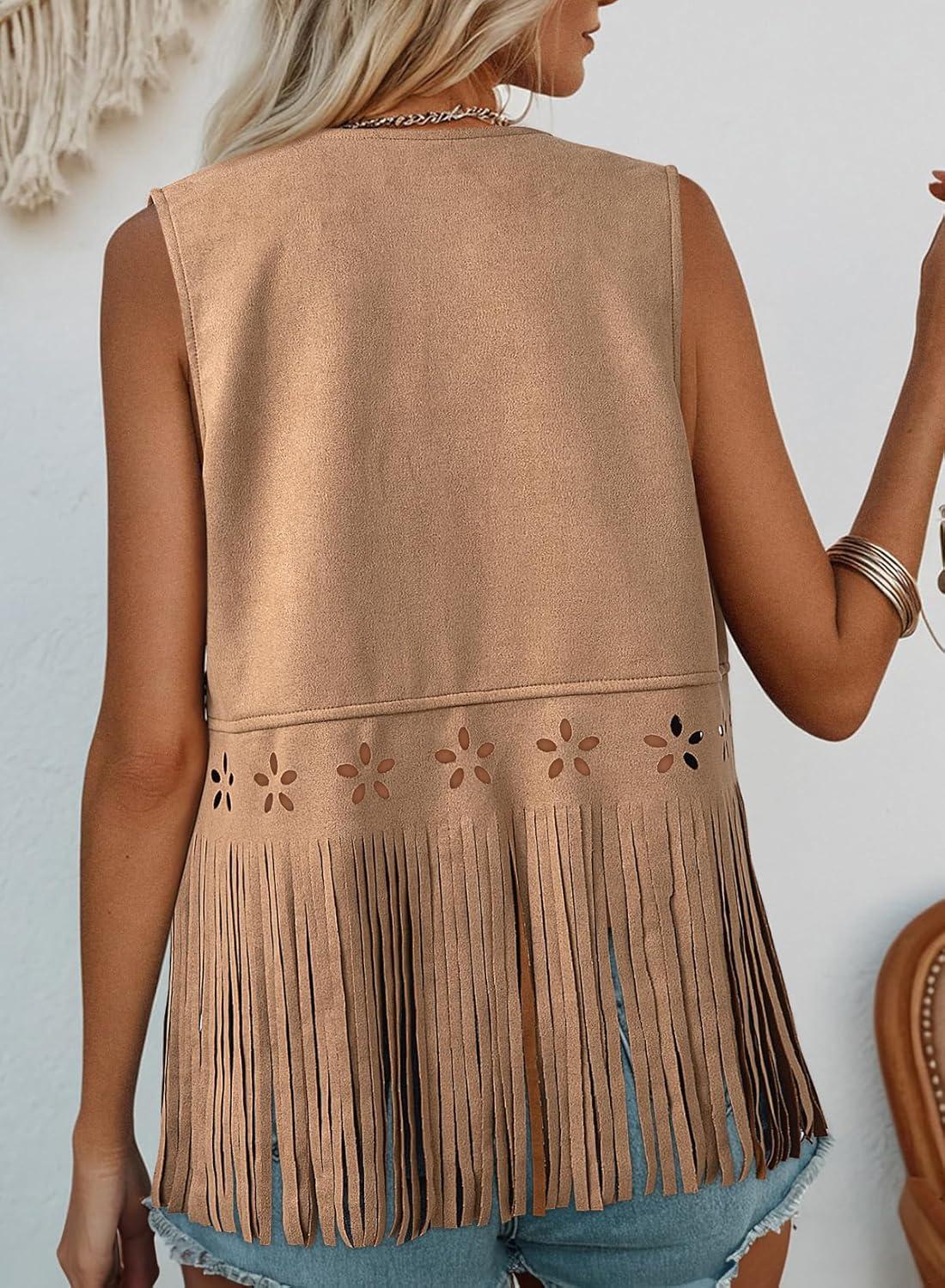 imageDokotoo Womens Fringe Vest Cowgirl Western Outfits 70s Hippie Costume Sleeveless Hollow Out Faux Suede Tassel OuterwearKhaki
