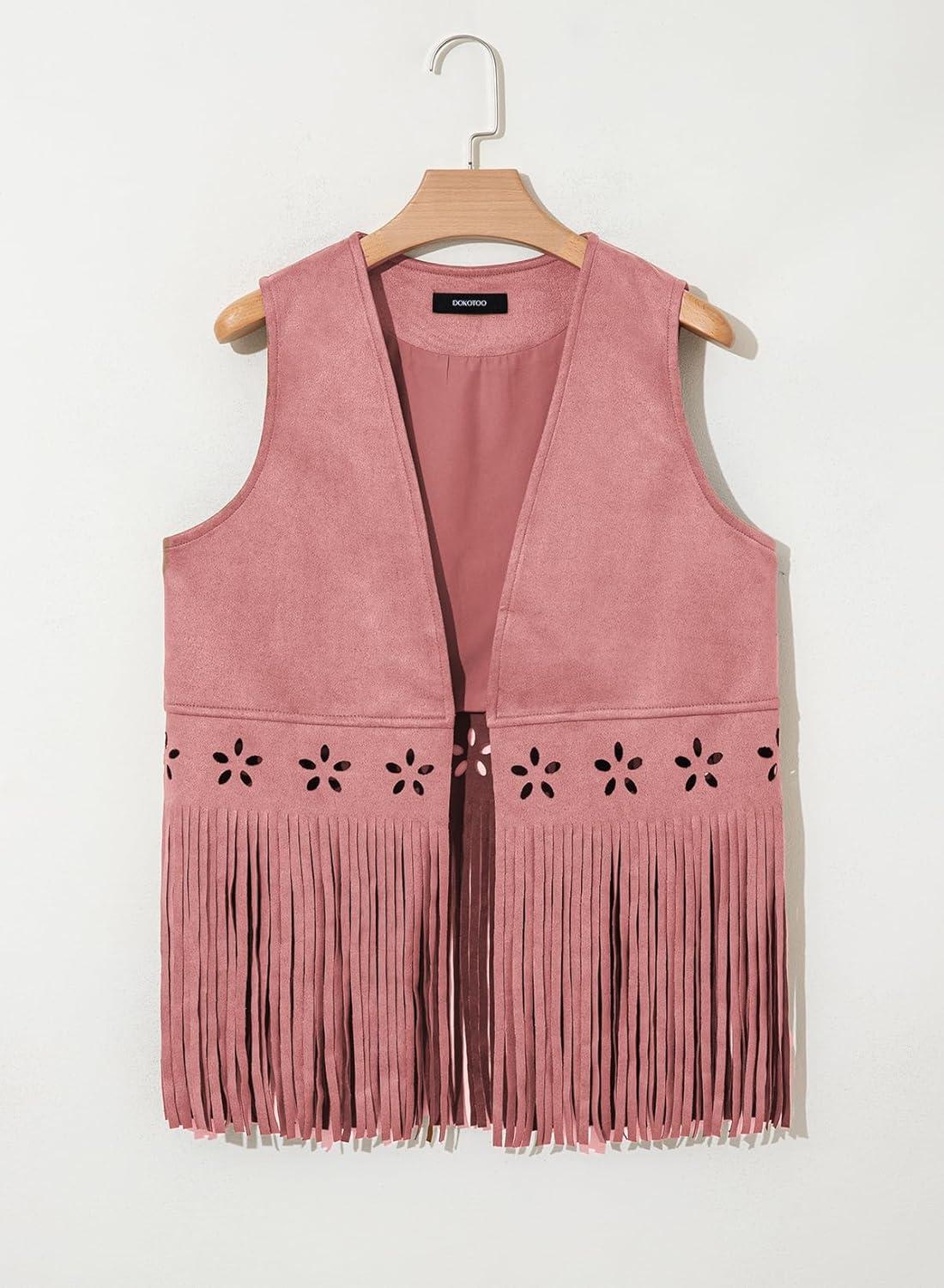 imageDokotoo Womens Fringe Vest Cowgirl Western Outfits 70s Hippie Costume Sleeveless Hollow Out Faux Suede Tassel OuterwearPink