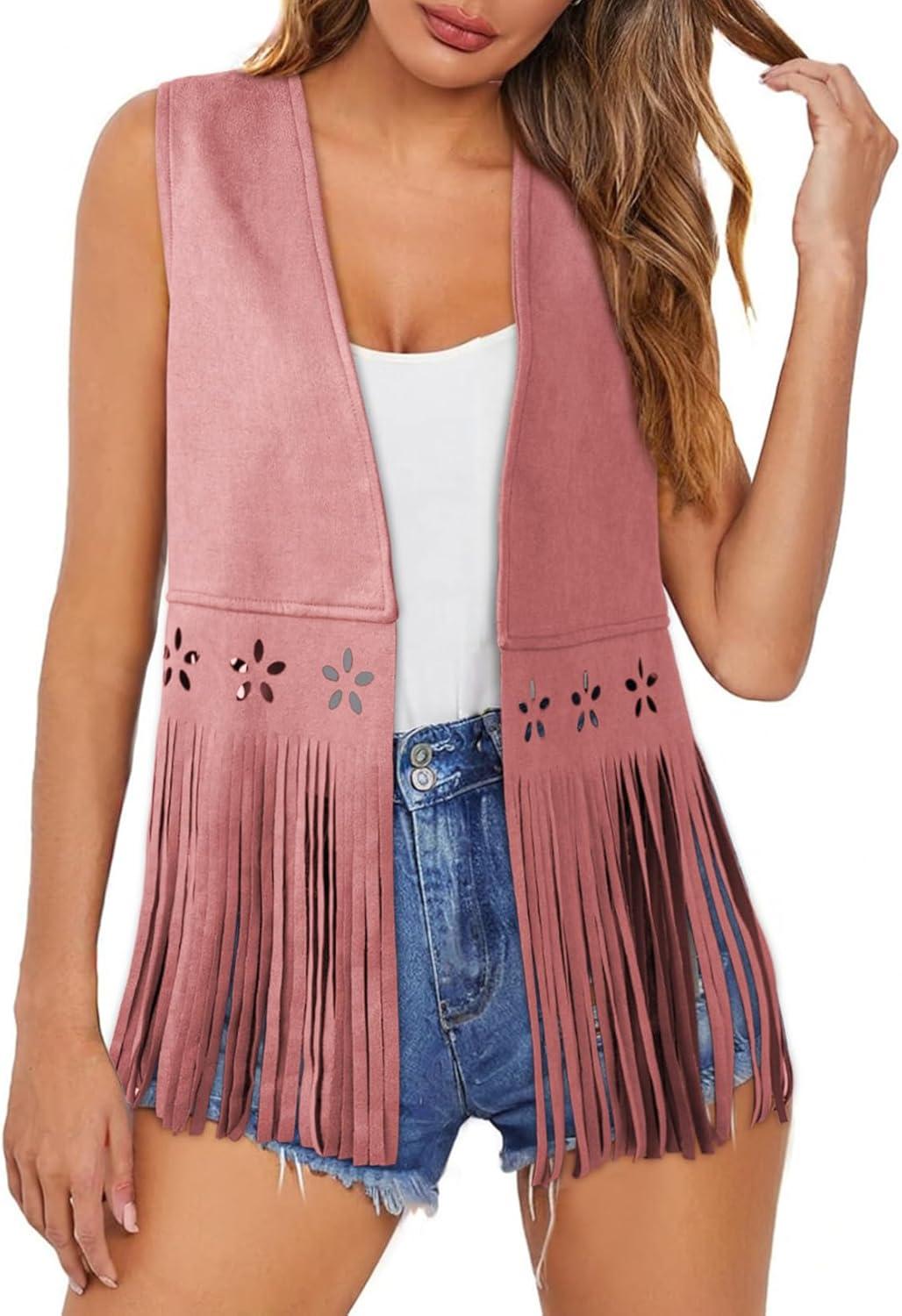 imageDokotoo Womens Fringe Vest Cowgirl Western Outfits 70s Hippie Costume Sleeveless Hollow Out Faux Suede Tassel OuterwearPink