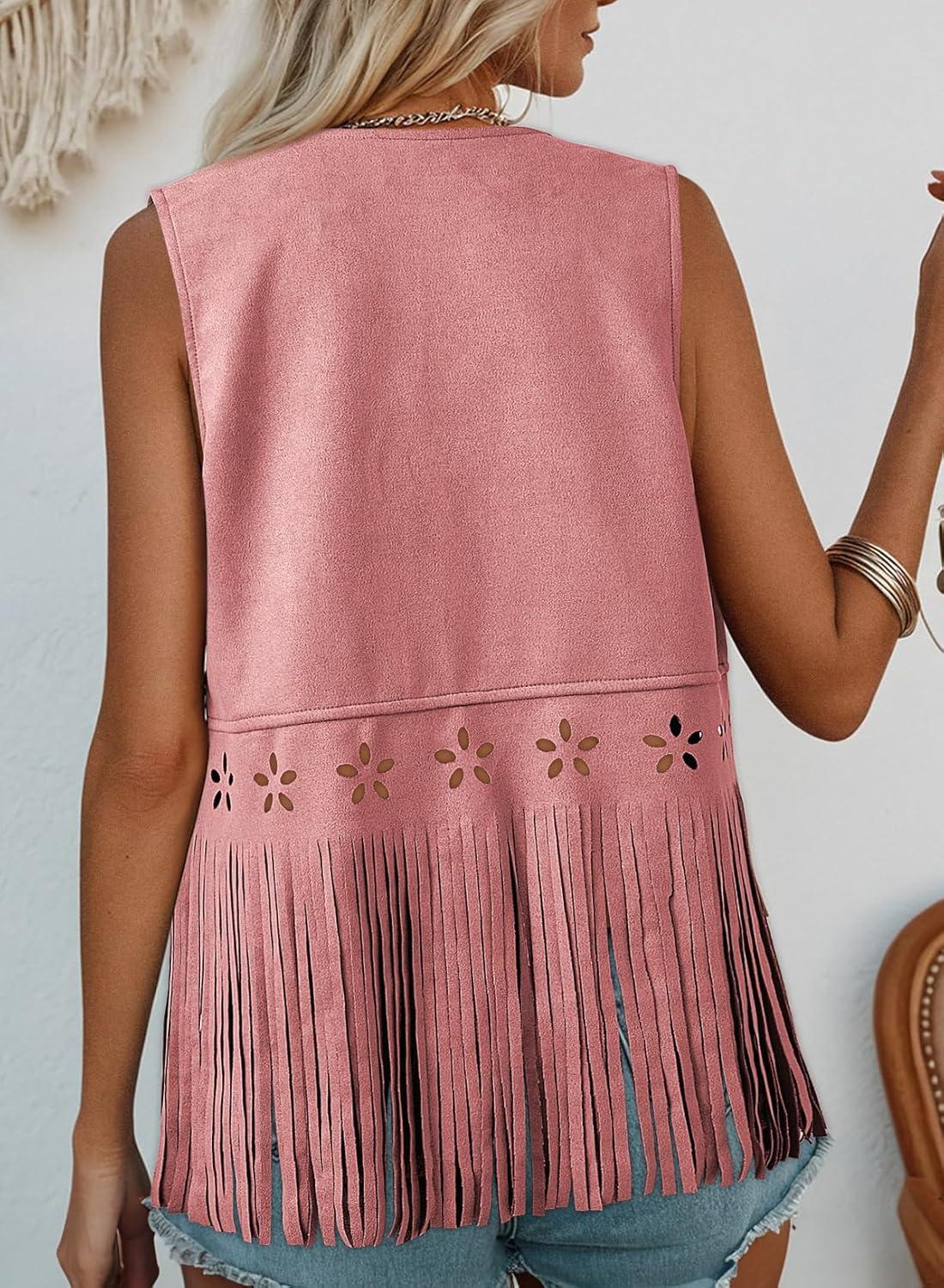 imageDokotoo Womens Fringe Vest Cowgirl Western Outfits 70s Hippie Costume Sleeveless Hollow Out Faux Suede Tassel OuterwearPink