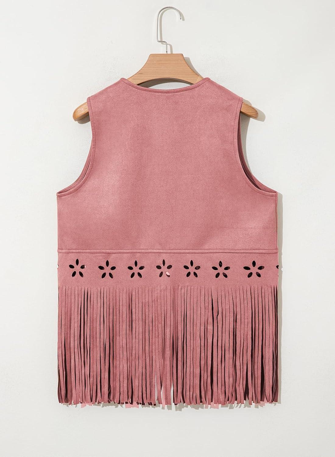 imageDokotoo Womens Fringe Vest Cowgirl Western Outfits 70s Hippie Costume Sleeveless Hollow Out Faux Suede Tassel OuterwearPink