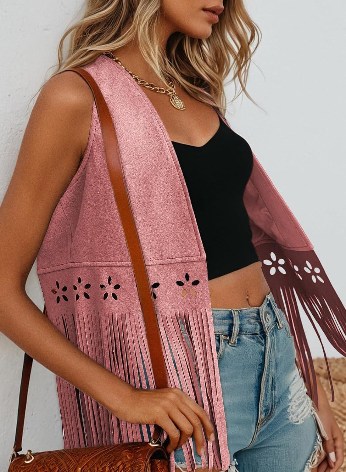 imageDokotoo Womens Fringe Vest Cowgirl Western Outfits 70s Hippie Costume Sleeveless Hollow Out Faux Suede Tassel OuterwearPink
