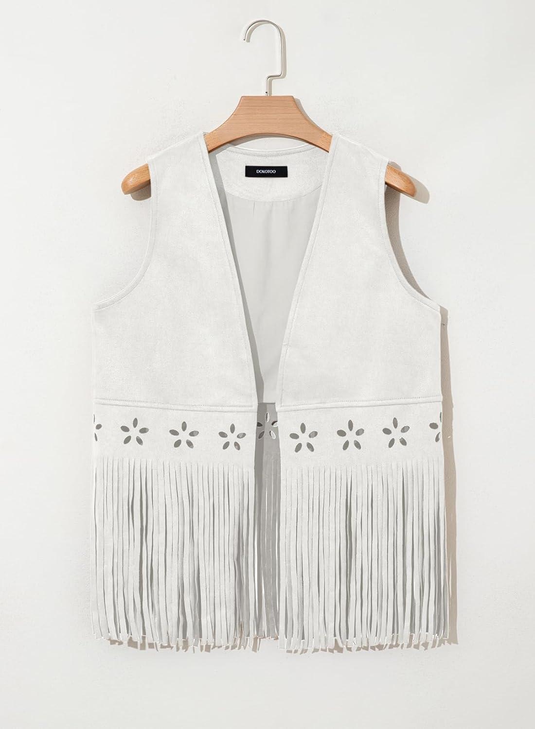 imageDokotoo Womens Fringe Vest Cowgirl Western Outfits 70s Hippie Costume Sleeveless Hollow Out Faux Suede Tassel OuterwearWhite
